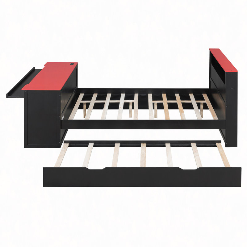 Lit de jour en bois avec couchette, bureau, lumière DEL et USB, Complet/Double, Rouge