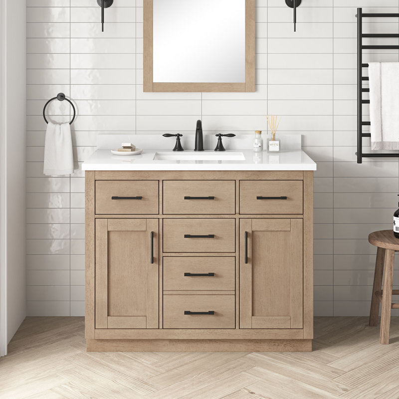 Bailey 42 in. Single Sink Freestanding Sahara Birch Bathroom Vanity with White Stone Top, Backsplash, Matte Black, Black