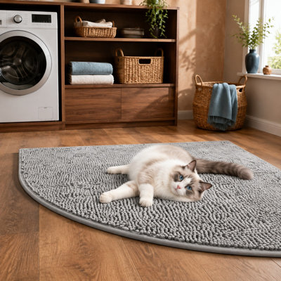 Light gray 31 x 31 in corner litter mat with a textured scatter-trapping surface and a corner design for litter boxes; the mat is waterproof, non-slip, machine washable, easy to clean, and backed with waterproof protection against floor mess.