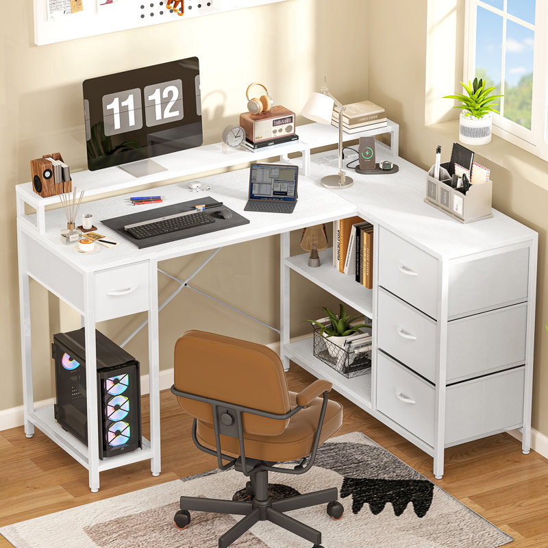 L-Shaped Computer Desk With 4 Drawers, Gaming Desk With Power Outlet And Monitor Stand, Corner Desk, White/White