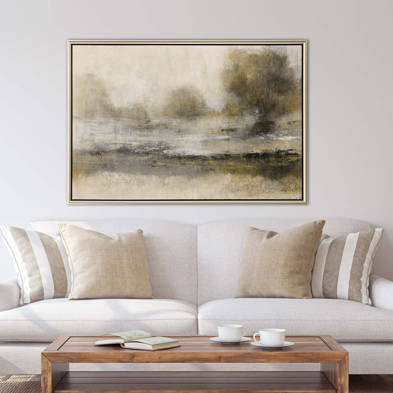 Neutral Beige and Gold Abstract Landscape Canvas with Silver Frame