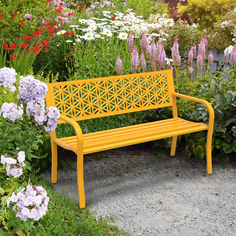 Anacecilia 50" W Metal Slatted Outdoor Bench, Yellow