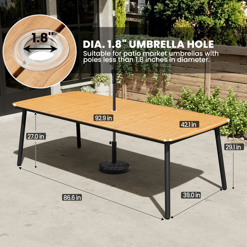 8 - Person Rectangular Patio Dining Set with Umbrella Hole, Aluminum Frame and Folded Reclining Armchairs, Brown