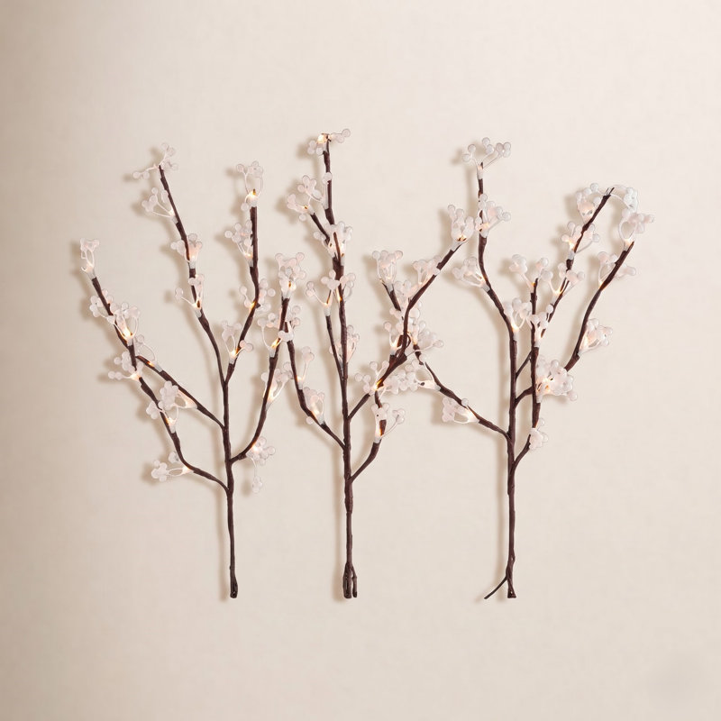 Lighted Brown Branch Set with White Berries