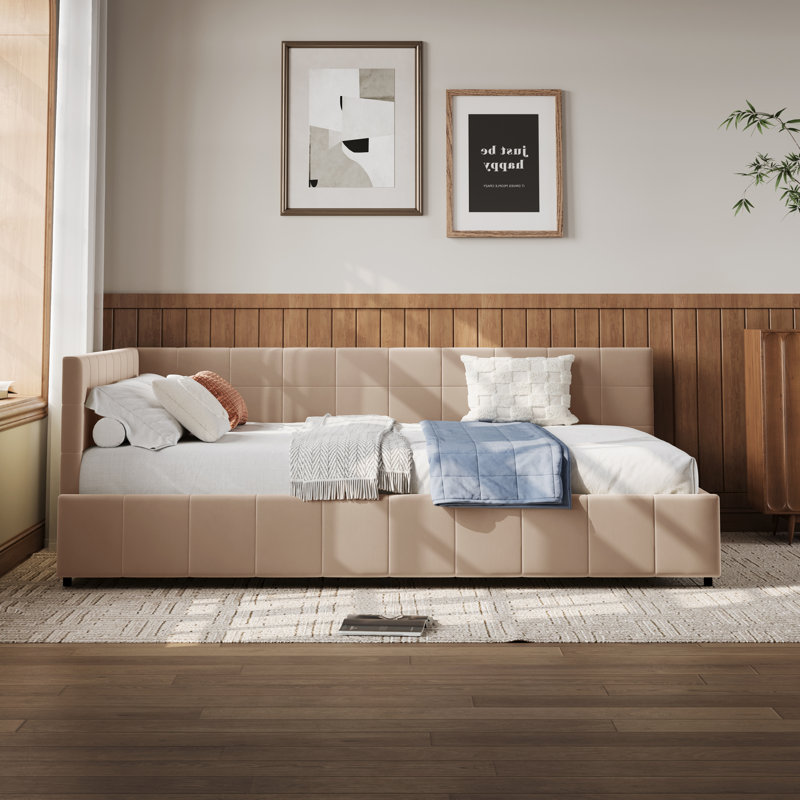 Lit plateforme tapissier réversible en L avec tissu en velours, Rose, Grand