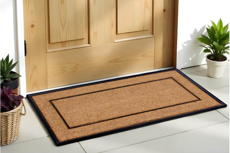 neutral rectangular doormat outside light wood door framed by potted plants