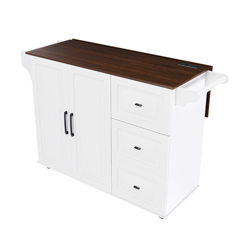 Îlot de cuisine blanc avec table rabattable et abattant, bar à roulettes mobile sur roulettes, trois tiroirs spacieux, armoires dissimulées, tablettes réglables pour le plateau en bois