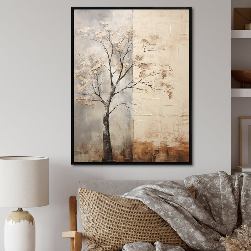 Arbre africain africain beige - art mural africain, salon, H 40 po x l 30 po, Cadre flottant noir