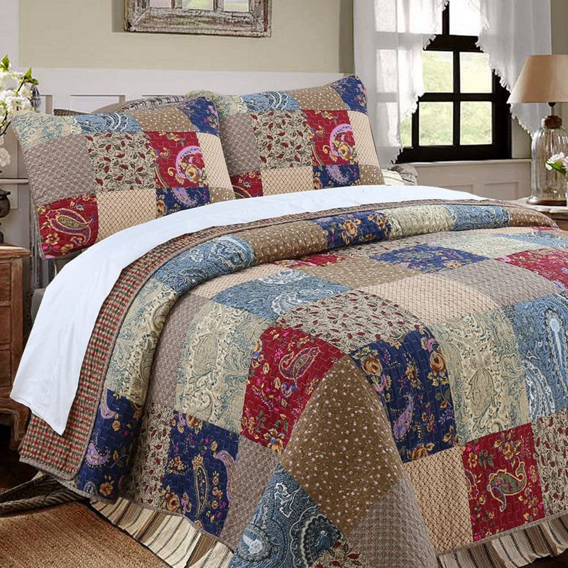 King Blue and Red Cotton Patchwork Reversible Quilt Set