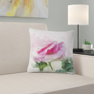 Croquis de rose rose avec feuilles vertes - coussin imprimé floral