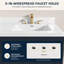 Plan de toilette en surface solide de 107 cm (42 po) de largeur x 53 cm (21 po) de profondeur, avec lavabo intégré à droite, dosseret de 9 cm (3,5 po) et robinet à 3 trous à entraxe de 20 cm (8 po).