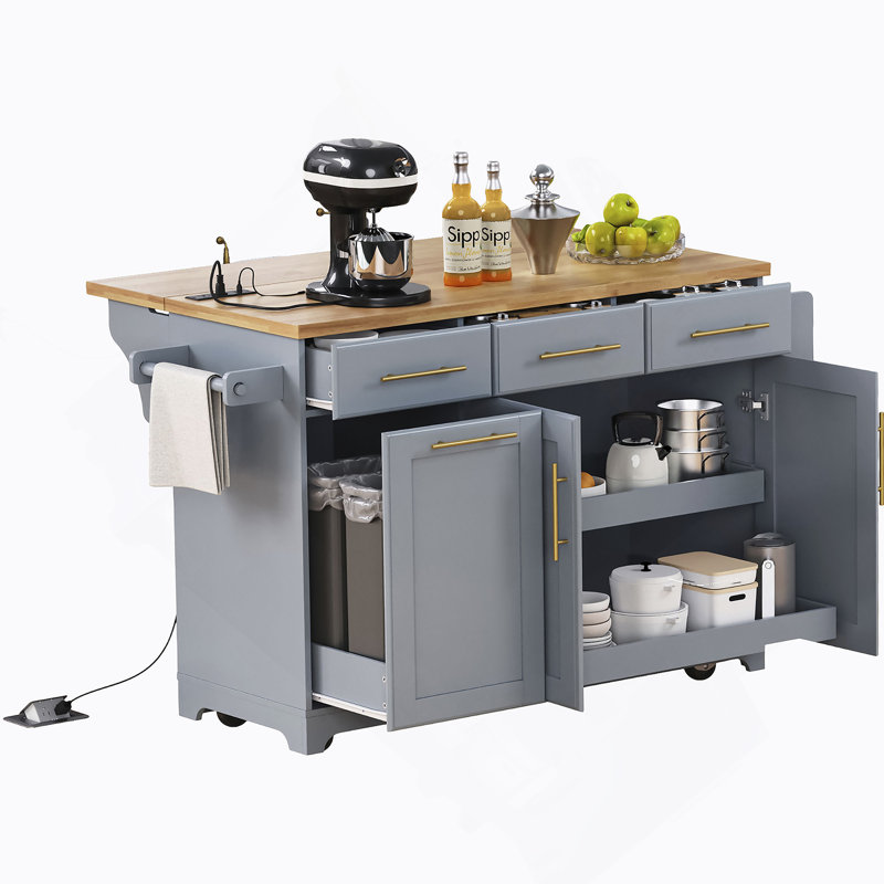 Rolling Kitchen Island With Drop Leaf Countertop, Pull-Out Trash Cabinet, Dual Organizers, Built-In Power Outlets, And Integrated Spice Towel Racks.
