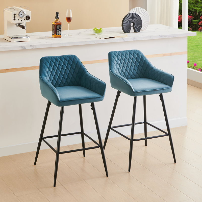 Saarrah 68cm Upholstered Bar Stool with Arms, Teal Velvet, 2