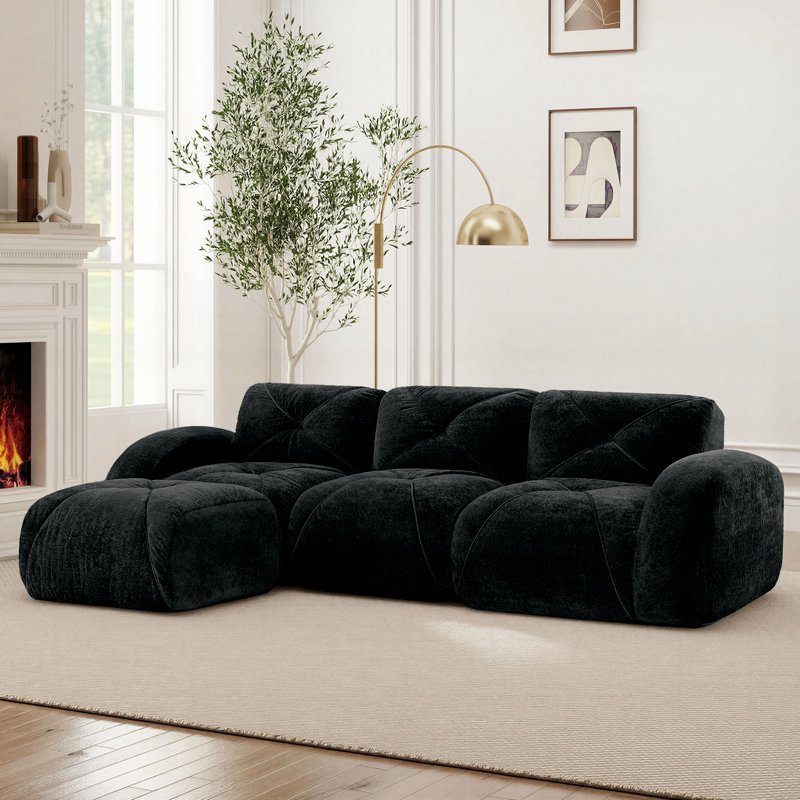 Boneless 110" L-Shaped Modular Compression Sectional Sofa with Ottoman for Living Room, Black Velvet