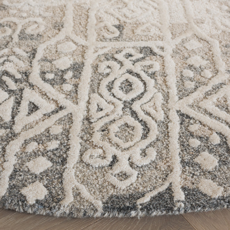 Tapis argenté / ivoire en laine touffeté à la main Ebony Southwestern, Rond 6 pi
