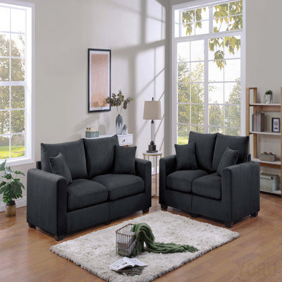 Contemporary Style 2pc Sofa Set 1x Loveseat 1x Sofa Set Cushion Back Matching Pillow Square Arms Wooden Legs Black Finish Primary Living Room