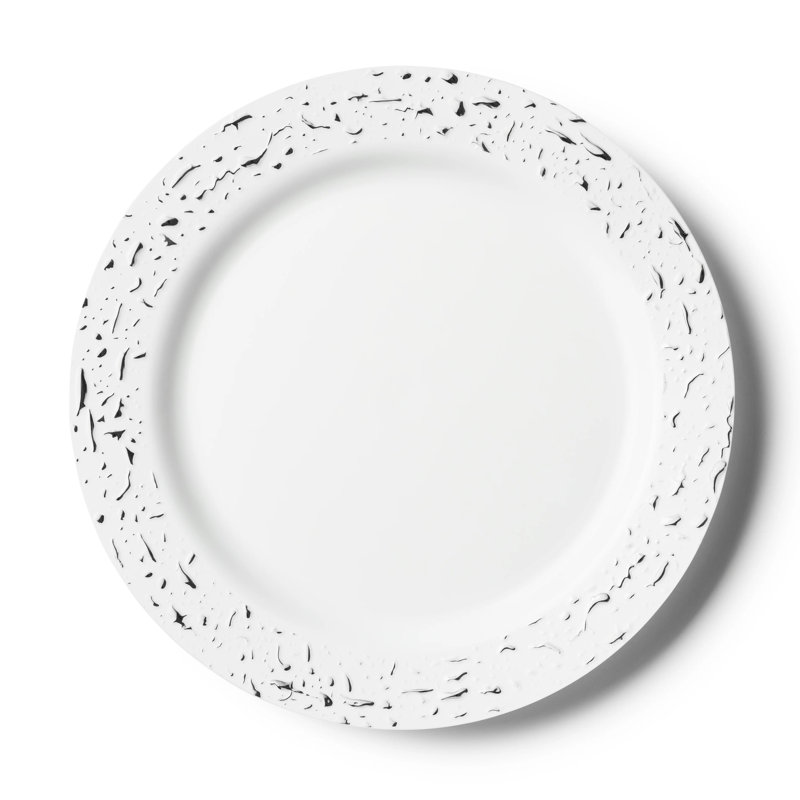 Disposable White Round Plastic Plates 10 inches- Pebbled, White/Silver