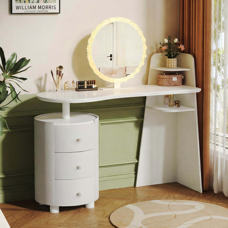 Light Luxury Dressing Table with 3-Color LED Round Mirror, Rotatable 3-Tier Cylindrical Storage Cabinet, Easy Assembly