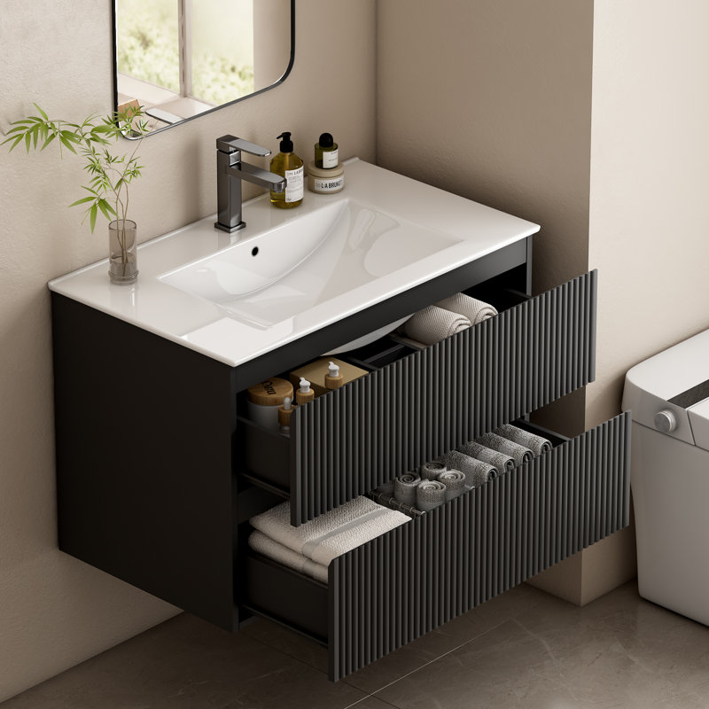 Meuble-lavabo mural simple avec lavabo en céramique et 2 tiroirs, Noir, noir, noir, noir, 31.5