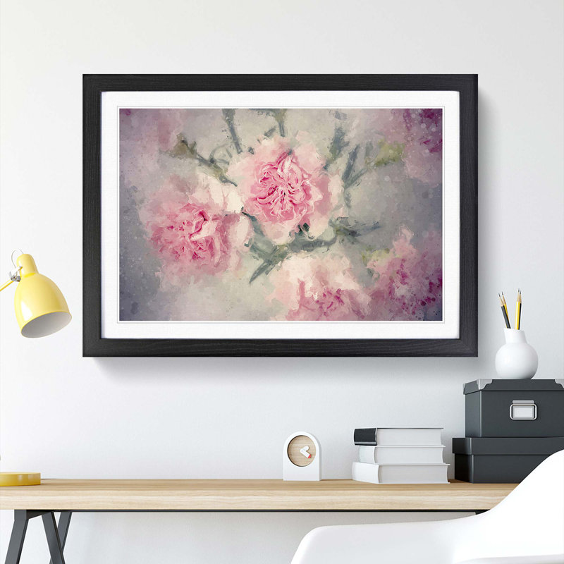 Pale Pink Carnation Flowers in Abstract - Picture Frame Painting Print, Black Framed, 62cm H x 87cm W x 2cm D