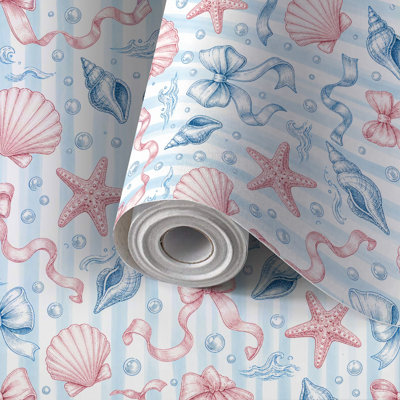 Peel and Stick Wallpaper Contact Paper Seashell Starfish Ribbons Self Adhesive and Removable 17.7in x 118in(45x300cm)
