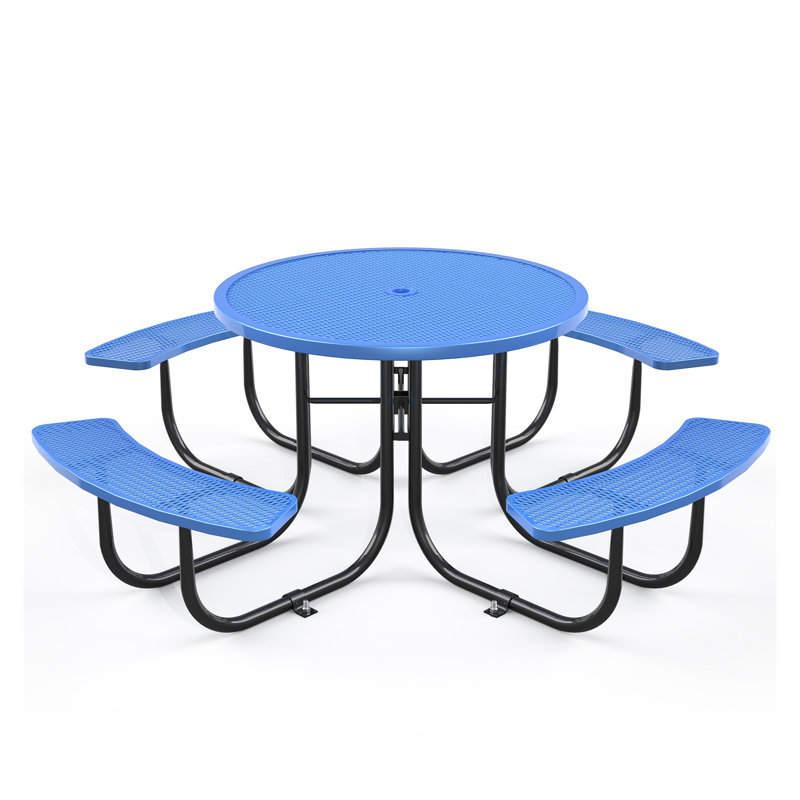 Commercial Grade Blue Round Picnic Table with Attached Seating - Heavy Duty Steel Outdoor Patio Furniture Set