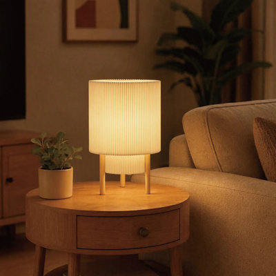 10.04" Modern Dimmable Table Lamp with Double-Layer Pleated Fabric Shade and Solid Wood Tripod Base, cULus Certified for Bedroom, Living Room, Home Office or Study Room