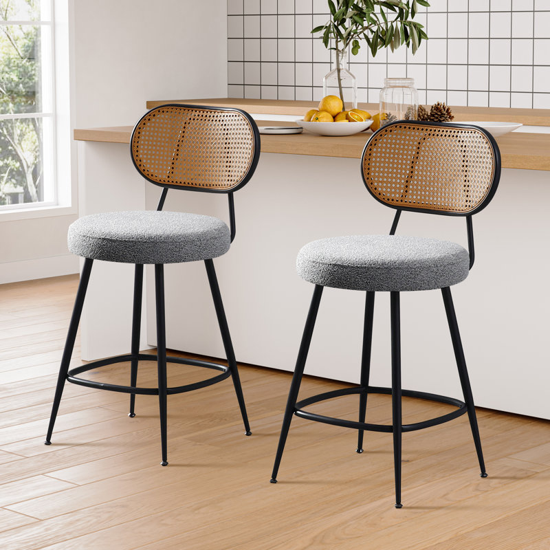 Counter Stool With Rattan Back, Gray, 2