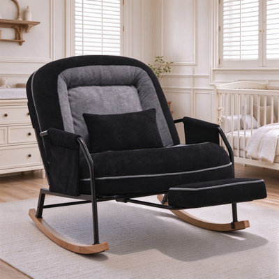 Fauteuil à bascule surdimensionné pour chambre d'enfant avec repose-pieds rétractable, revêtement en fausse fourrure douce, dossier réglable à 4 positions, coussin lombaire et poche latérale