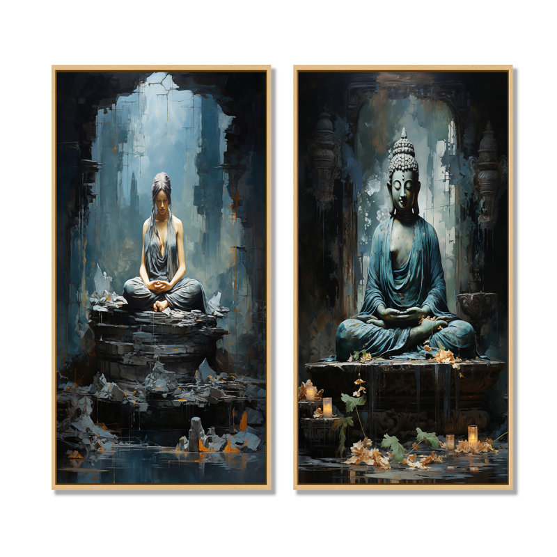 «Dhyan Mudra», ensemble de 2 impressions sur toile de l'hindouisme, Encadrement brun, H 40 po x l 41 po