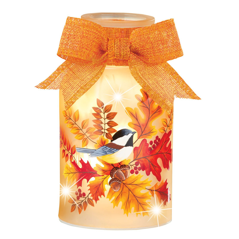LED Lighted Fall Harvest Chickadee Mason Jar Lamp