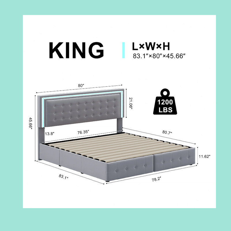 Upholstered King Size LED Bed Frame, Adjustable Headboard, Gray