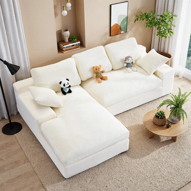 Canapé en velours côtelé doux avec 3 coussins de dossier et 2 coussins, conception légère et compressée, White