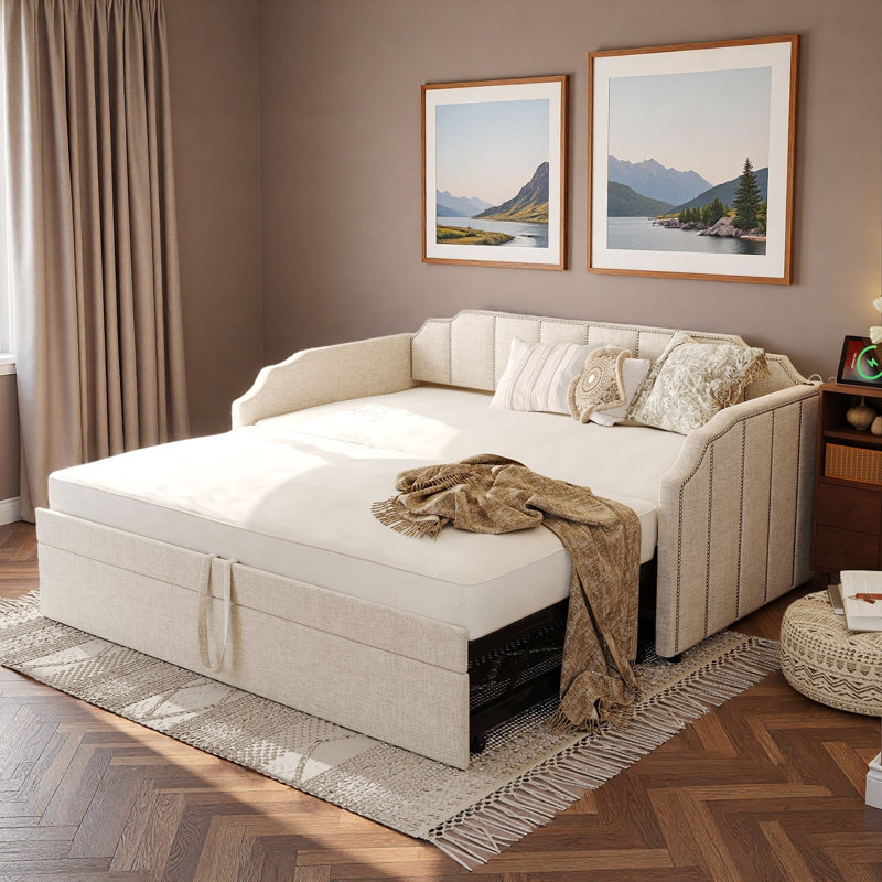 Upholstered Daybed With Pop-up Trundle And Usb Charging Ports, Beige