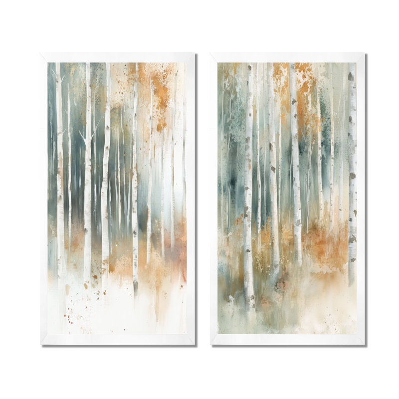 Peupliers à la lumière d'automne I - Ensemble de 2 tableaux encadrés « Forêt », 32" H x 32" W, White Picture Framed