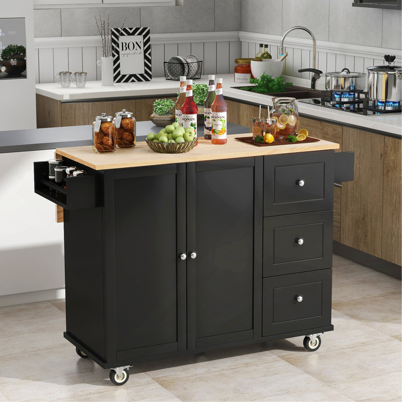 Solid Wood Top Kitchen Island, Black