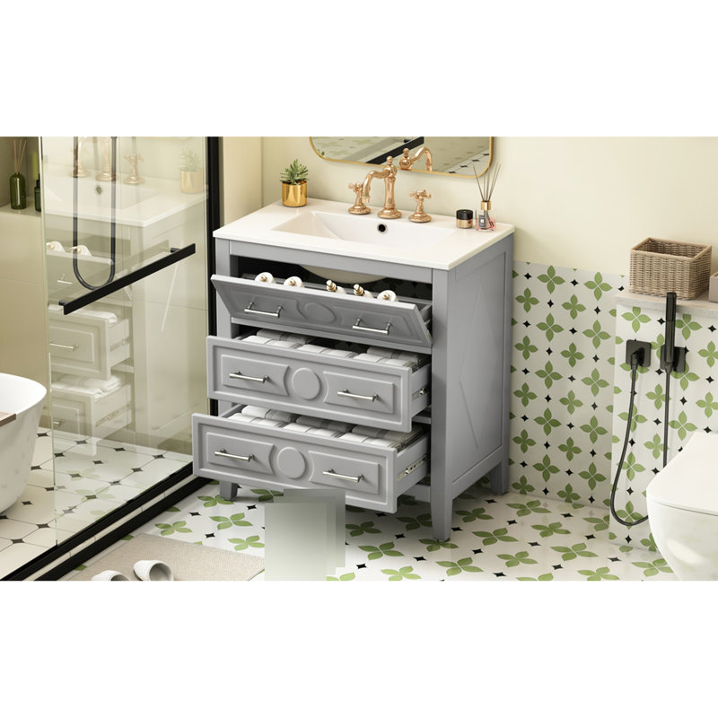 Meuble-lavabo de 30 po avec lavabo, structure en bois massif, 3 tiroirs, style rétro élégant et de grande qualité, rangement spacieux, lavabo à trois trous pré-percé, couleur grise, structure en céramique,