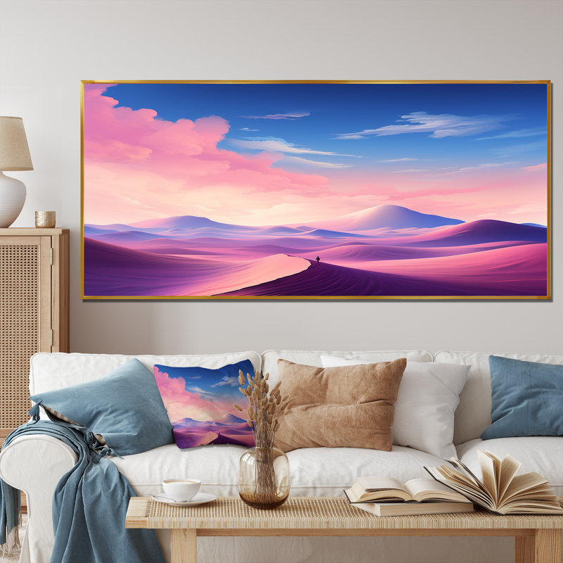 Dunes célestes roses et bleues «Desert Expedition I» - art mural désert, Cadre flottant noir, H 24 po x l 32 po x P 1 po