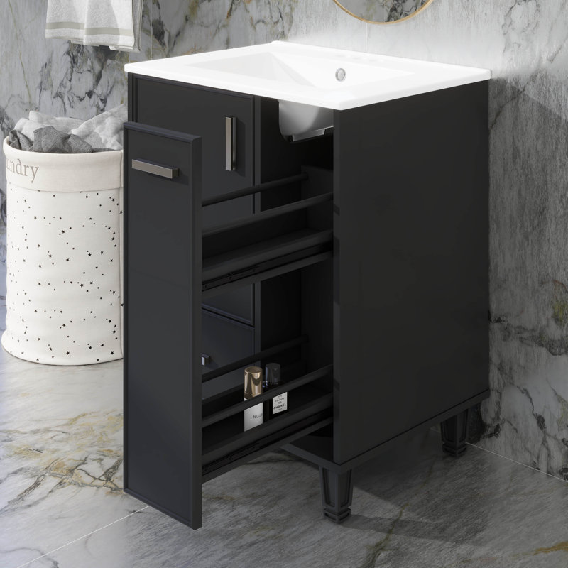 Meuble-lavabo 24 po avec lavabo en céramique, armoire de rangement avec tablette de rangement et tiroirs coulissants multifonctionnels à deux niveaux