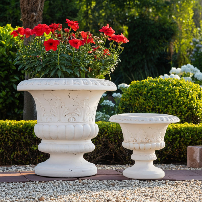 Ensemble de pots à fleurs en magnésium et urne avec design classique d'intérieur / extérieur de 2 à 20 po, ivoire 15 po
