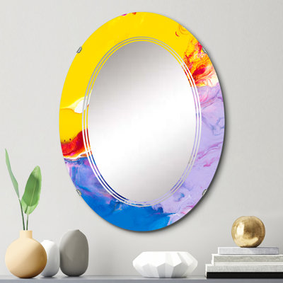 Jaune, jaune, rouge et bleu Stroke Universe I - Miroir mural moderne ovale