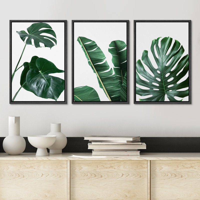 Minimal Botanical Vibrant Green Monstera and Banana Leaf Trio Botanical, H 36 po x l 72 po, Impression encadrée, Noir