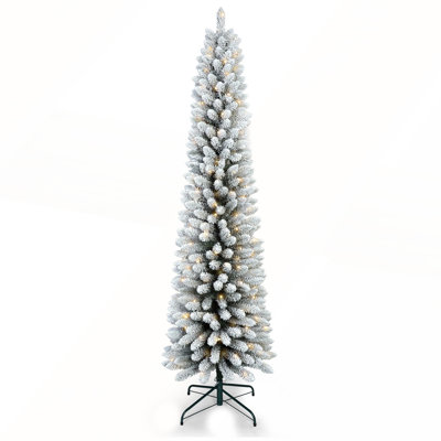 6FT Flocked Pencil Christmas Tree with 150 Warm White LED Lights – Slim Snowy PVC Tree, Space-Saving Design, Easy to Set Up