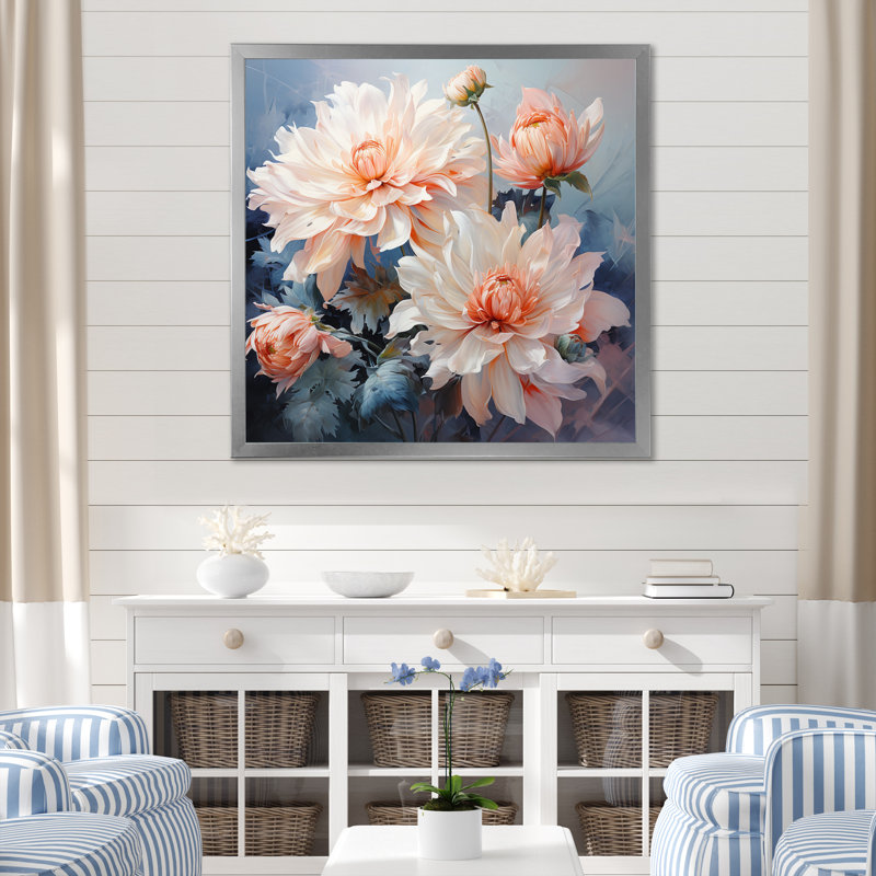Impression romantique «I Peach Chrysanthemums Peach», H 16 po x l 16 po x P 1 po, Cadre photo argenté