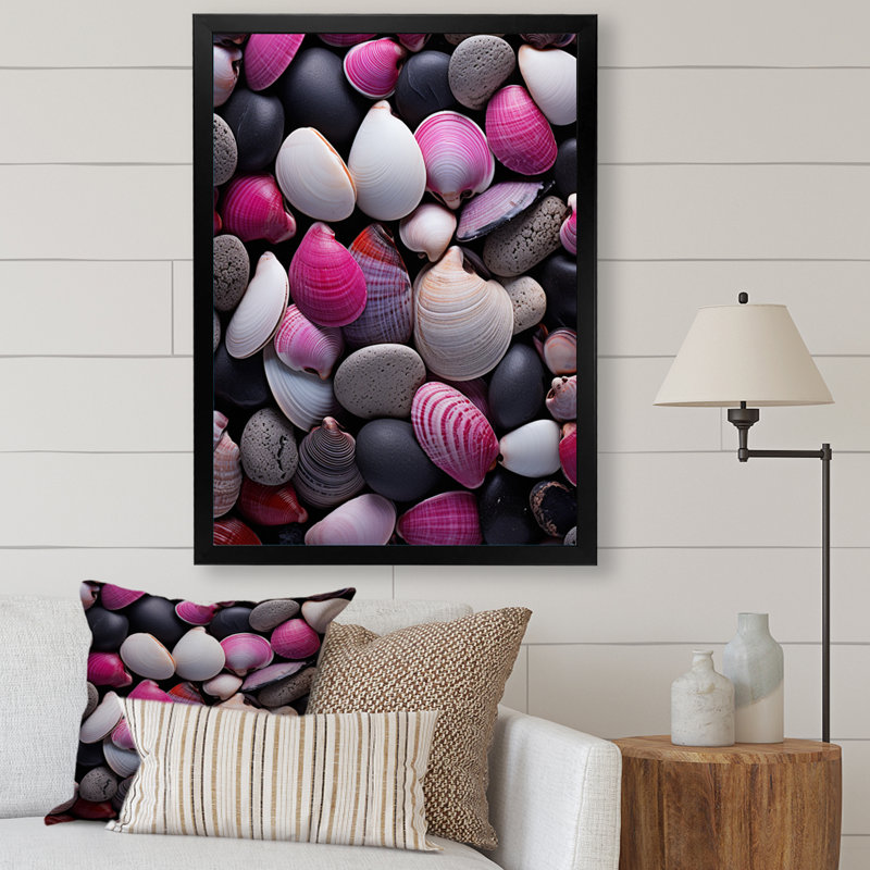 Collage de bord de mer rose, gris, rose, blanc et coquillages, Cadre photo noir, H 32 po x l 24 po x P 1 po
