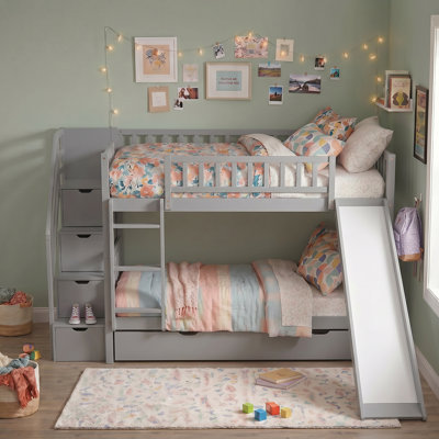 Lit superposé simple au-dessus de simple avec deux tiroirs et glissière, gris