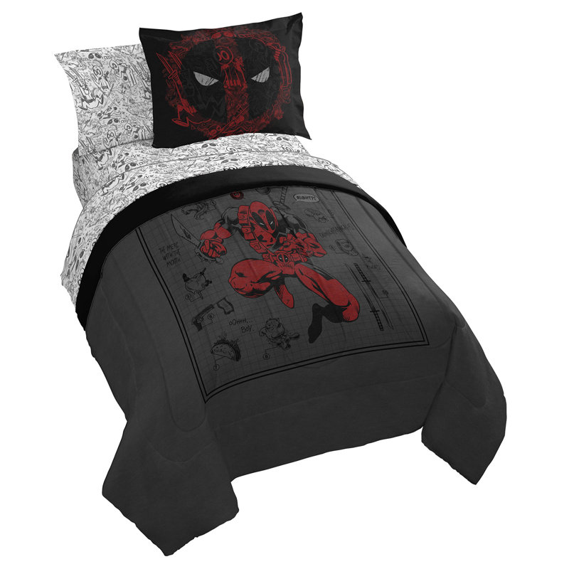 Man Of The House Deadpool Wanted Bed Set W/Sham, Twin Comforter + 4 Additional Pieces