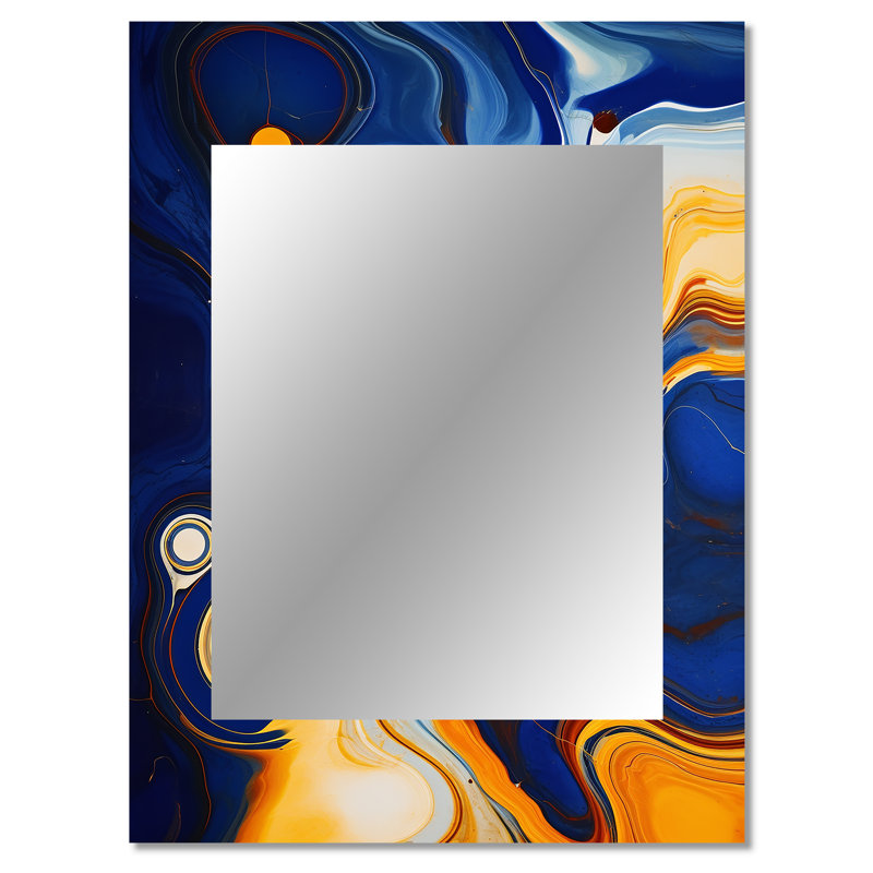 Jaune et bleu liquide encre de rivière II - grand miroir mural à encre liquide, 40 po x 30 po