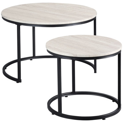Tables gigognes rondes grises, sur 2 tables de salon à cadre en métal. Look industriel, choix de tables de bout et d'appoint. Espace stable. Capacité de poids de 22 lb chacune. 29,5 po x 19,25 po et 19,75 po 17,75 po Assemblage