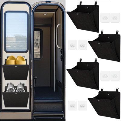 Rangement mural pliable et autoadhésif pour chaussures de camping-car, avec poche profonde, pouvant contenir une paire de chaussures (noir, ensemble de 4).